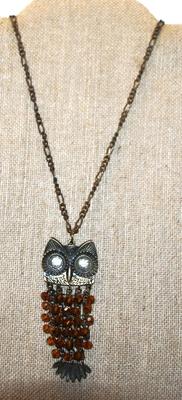 Large Bronze Style Owl PENDANT (3" x 1½") with Amber Dangles on a Dark Necklace Chain 24" L