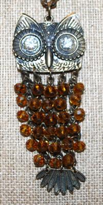 Large Bronze Style Owl PENDANT (3" x 1½") with Amber Dangles on a Dark Necklace Chain 24" L