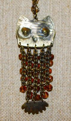 Large Bronze Style Owl PENDANT (3" x 1½") with Amber Dangles on a Dark Necklace Chain 24" L