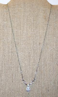 Pear Shaped Clear Stone on a "Branch" with 9 Tiny Stone Accents PENDANT (1" x 1") on a Silver Tone Necklace Chain...