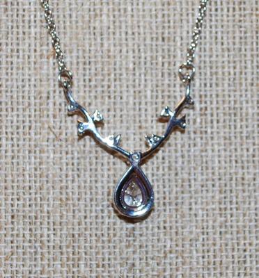 Pear Shaped Clear Stone on a "Branch" with 9 Tiny Stone Accents PENDANT (1" x 1") on a Silver Tone Necklace Chain...