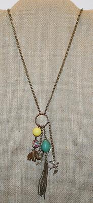 Green Swag, Charms and Flying Birds PENDANT (4") On a Long Brass Colored Necklace Chain 32" L