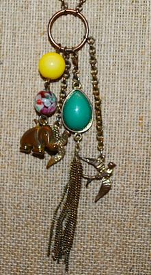 Green Swag, Charms and Flying Birds PENDANT (4") On a Long Brass Colored Necklace Chain 32" L