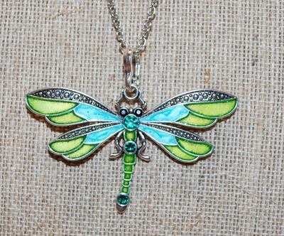 KEY LIME YELLOW & AQUA BLUE Dragonfly PENDANT (2½" x 2") on a Silver Tone Necklace Chain 19" L