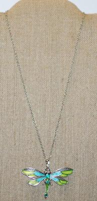 KEY LIME YELLOW & AQUA BLUE Dragonfly PENDANT (2½" x 2") on a Silver Tone Necklace Chain 19" L