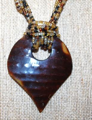 Large Knotted Pointed PENDANT (2½" x 2") on a Multi-Strand Brown Beaded Necklace 22" L
