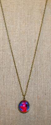 Double Sided Red & Blue "Fiery" Globe PENDANT (1" Circumference) on a Brass-Styled Necklace Chain 20" L