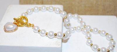 Faux Pearls & Pearl Styled Heart Necklace Choker & PENDANT (¾" x ½") with Toggle Clasp 12" L