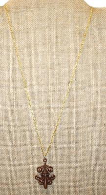 "Fleur-de-Lis" Style Brown PENDANT (1" x ¾") on a Gold Tone Necklace Chain 17" L