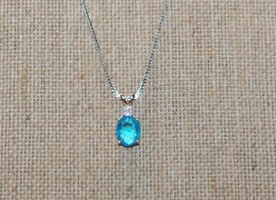 Double Hook Oval Cut Blue Stone PENDANT (¾" x ½") on a Silver Tone Necklace Chain 18" L