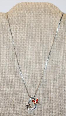 Red/Gold & Silver Butterflies PENDANT ( ¾" x ¾") on a Silver Tone Necklace Chain 16" L