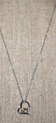 Two Tone Mother & Baby Owl HEART PENDANT (¾" x ¾") on a Silver Tone Necklace Chain 16" L