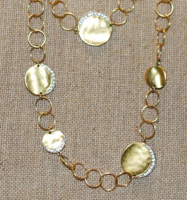 Gold Hammered Discs Wrap-a-Round Necklace with Half-Moon Clear Stones on Each Disc 40" L