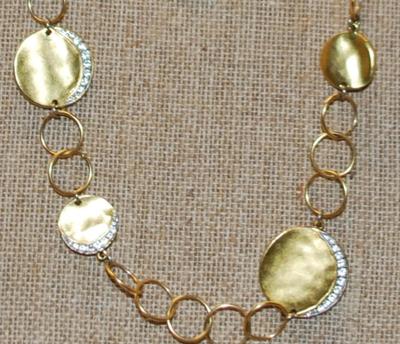 Gold Hammered Discs Wrap-a-Round Necklace with Half-Moon Clear Stones on Each Disc 40" L