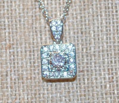 Clear Round Center Stone PENDANT (¾" x ½") on a Square Accented Setting with a Silver Tone Necklace Chain 17" L