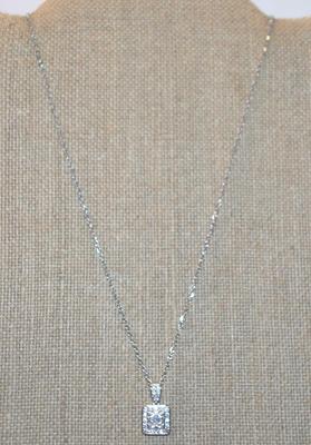Clear Round Center Stone PENDANT (¾" x ½") on a Square Accented Setting with a Silver Tone Necklace Chain 17" L
