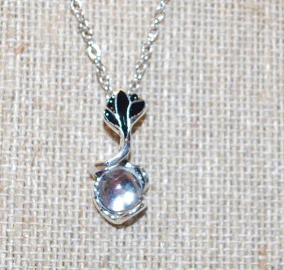 Silver & Black Rose PENDANT (1" x ½") with a Clear Round Transparent Stone on a Silver Tone Necklace Chain 18" L