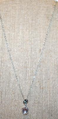 Silver & Black Rose PENDANT (1" x ½") with a Clear Round Transparent Stone on a Silver Tone Necklace Chain 18" L