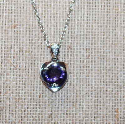 Dark Purple Round Faceted Center Stone & Silver Heart Shaped Setting PENDANT (¾" x ½") on a Silver Tone Necklace Chain...