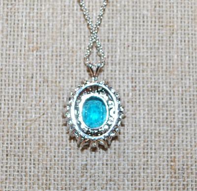 Large Oval Blue Stone PENDANT (1" x ¾") with Full Bright Surrounds on a Silver Tone Necklace Chain 17" L