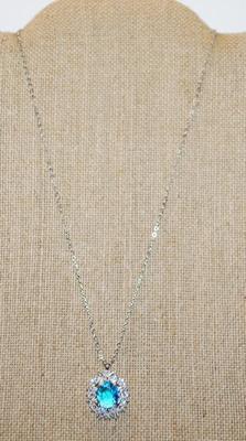 Large Oval Blue Stone PENDANT (1" x ¾") with Full Bright Surrounds on a Silver Tone Necklace Chain 17" L