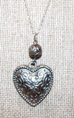 Graphic Designed Silver Colored Heart PENDANT (1¾" x 1") on a Silver Tone Necklace Chain 18" L