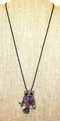 Crackled Purple Belly Owl PENDANT (2" x 1½") with Black Eyes on a Black Rope Necklace Chain 18" L