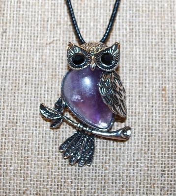 Crackled Purple Belly Owl PENDANT (2" x 1½") with Black Eyes on a Black Rope Necklace Chain 18" L