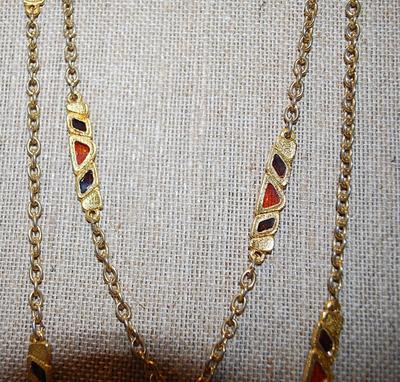 Long Colorful Wrap-Around Necklace Chain with Amber & Red Glass Stone Sections with Barrel Lock Closure 44" L