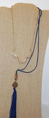 Unusual Double Style Necklace with 2 Swags of Metal, Stones & Cloth with Lobster Clasp 32" L