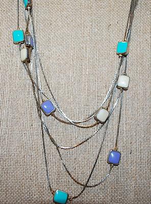 Long Wrap-Around Necklace with Double-Sided Lavender, Aquamarine & White Ceramic Squares on Silver Tone Chain and Lobster Clasp...