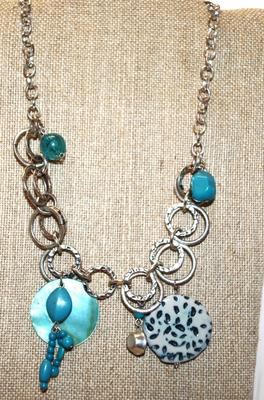 Spotted and Blue Discs & More Circles Necklace 18" L