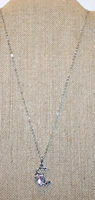 Swirled Quarter Moon Designed PENDANT (1" x ¾") with Clear Round Stone Accent on a Silver Tone Necklace Chain 18" L