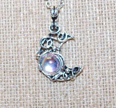 Swirled Quarter Moon Designed PENDANT (1" x ¾") with Clear Round Stone Accent on a Silver Tone Necklace Chain 18" L
