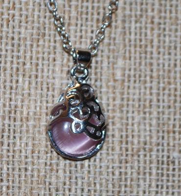 Pink & Purple Round Opaque Stone PENDANT (¾" x ½") with a Graphic Designed Setting on a Silver Tone Necklace Chain 18" L