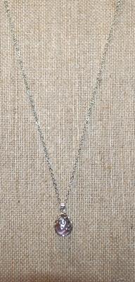 Pink & Purple Round Opaque Stone PENDANT (¾" x ½") with a Graphic Designed Setting on a Silver Tone Necklace Chain 18" L