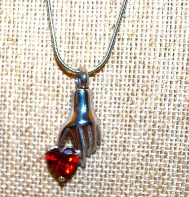 Cremation Ashes Memorial Stainless Steel "Heart in Hand" PENDANT (1¼" x ½") on a Rope Necklace Chain 21" L