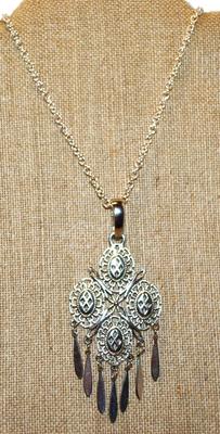 All Silver Tone Large Dangles PENDANT (4" x 2") on a Silver Tone Necklace Chain 19" L