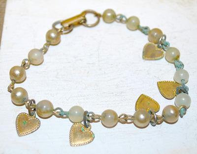 VINTAGE Faded "BEADS & HEARTS" BRACELET (1¾" Circ.) - with Snap Clasp - NOTE: Blemishes and Patina Markings
