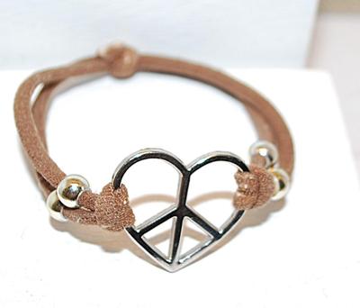 Silver Tone Peace HEART (1" x ¾") Bracelet with Brown Cloth Expandible Tie 2½" to 4"