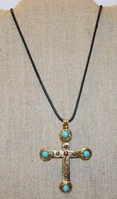 Shiny Gold Tone Cross PENDANT (3" x 2¼") with 4 Jade Style Globes on a Black Rope Necklace Chain 18"