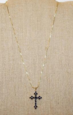Deep Blue Stones Cross PENDANT (1½" x 1") on a Gold Tone Necklace Chain 18" L