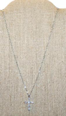6 Pear Shaped Clear Stones Cross PENDANT (1" x ¾") on a Silver Tone Necklace Chain 17" L