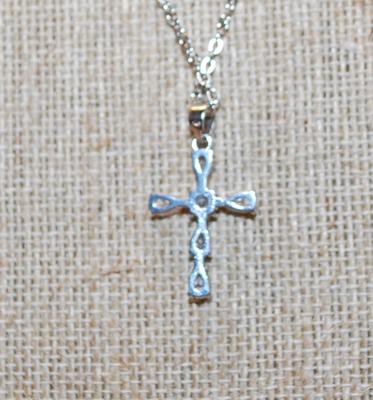 6 Pear Shaped Clear Stones Cross PENDANT (1" x ¾") on a Silver Tone Necklace Chain 17" L