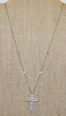 11 Clear ROUND Stones Cross PENDANT (1¼" x ¾") on a Silver Tone Necklace Chain 17" L