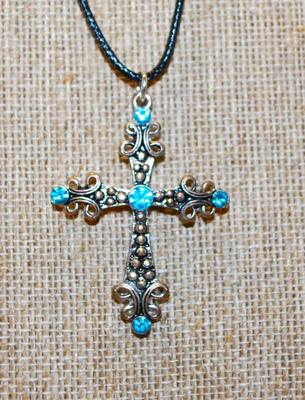 Aqua Blue Stones Cross PENDANT (1¾" x 1¼") on a Black Rope Chain 17" L