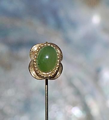 GREEN Oval Cabochon Cut Stone PIN (2" L) with Pin Guard & Loop Surrounds on a Gold Tone Setting