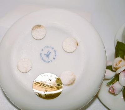 Beautiful "Capodimonte" Rose Flowered Jewelry Trinket Basket & Handle Made in Italy by "Capodimonte Savastano" --...