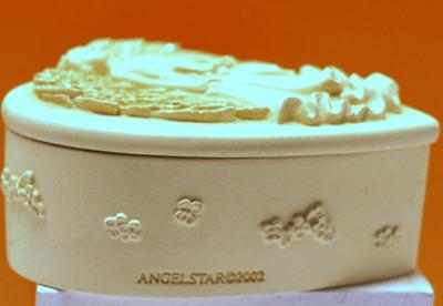 Marked "Angel Star ©2002" -- All White Angel "Heart Shaped" Jewelry "Wishing Box" Trinket Box with Embossed...