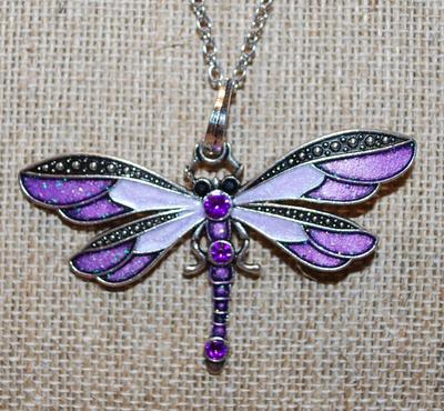 LIGHT & DARK LAVENDERS Dragonfly PENDANT (2½" x 2") on a Silver Tone Necklace Chain 19" L